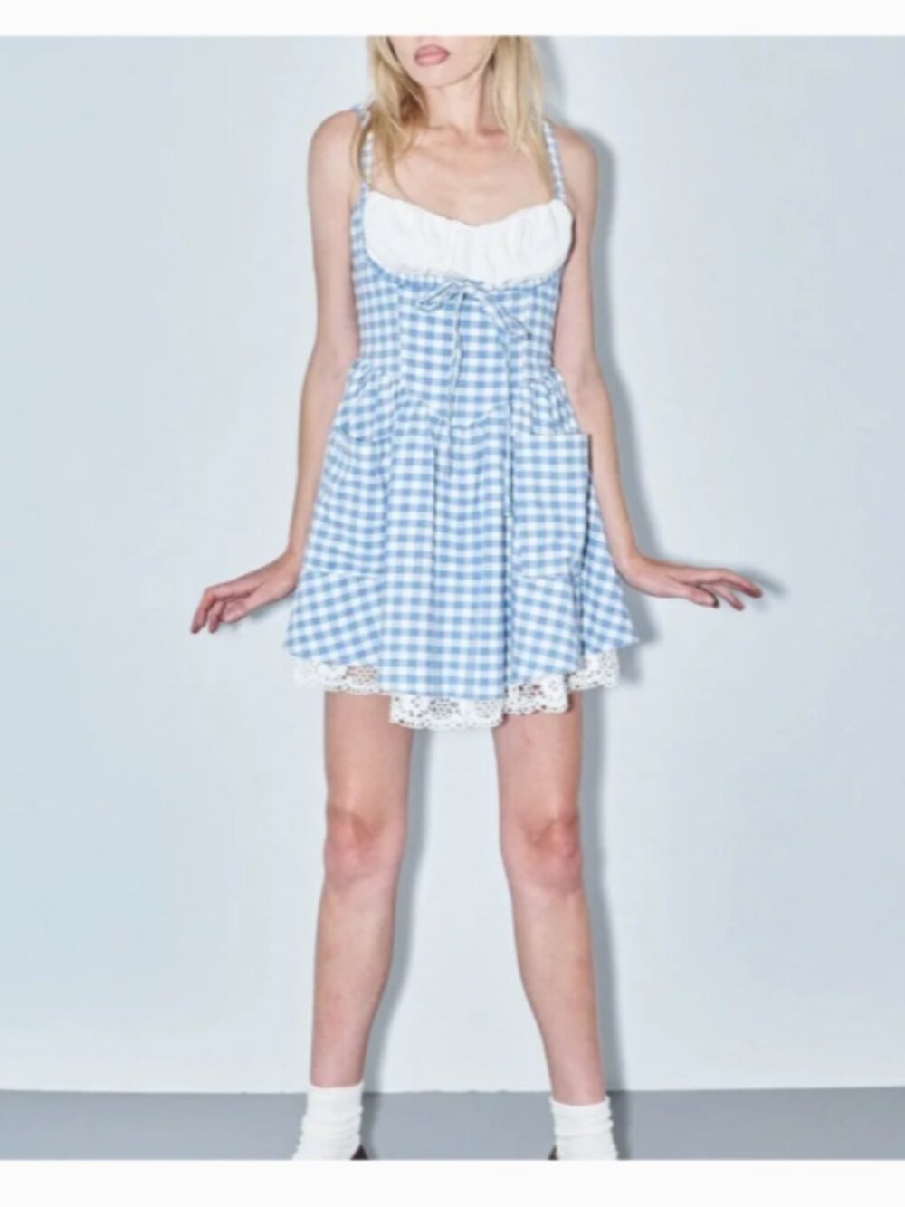 Fashion Brand Company Dottie Dress XL Blue Gingham Lace Trim Sleeveless Mini